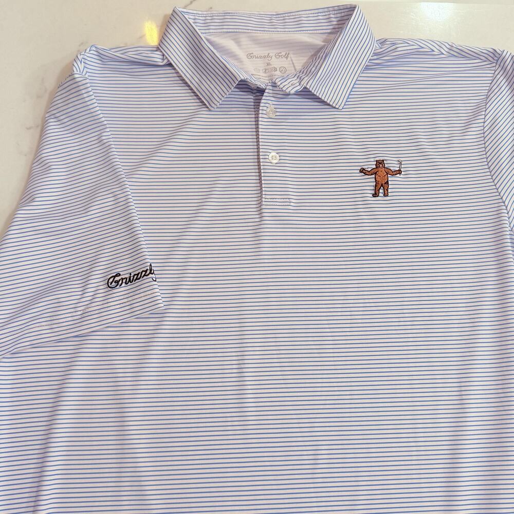 Grizzly Golf Polo Shirt Mens Large Blue White Stripe Performance Bear preppy - Picture 3 of 8